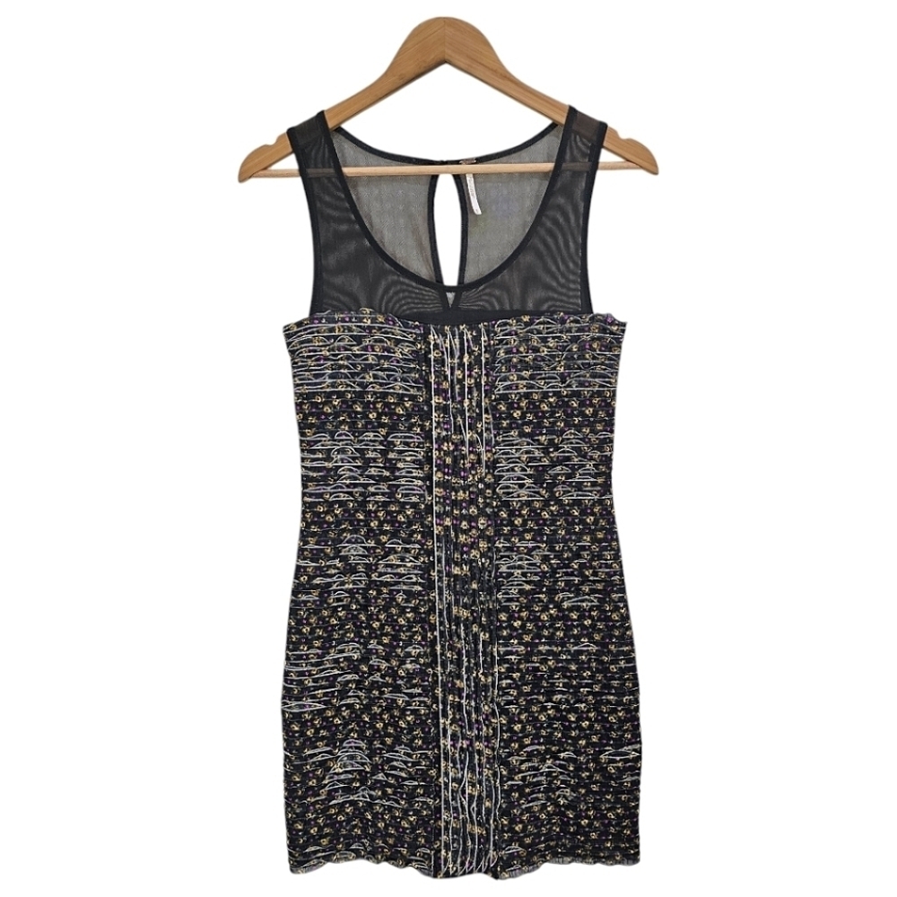 Free People Floral Bodycon Dress Sz Small Black Mini Y2K 00s Textured Grungecore - Picture 5 of 16